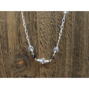 28" Sterling Silver Long Two Tone Crystals Necklace Vintage Minimalist Everyday